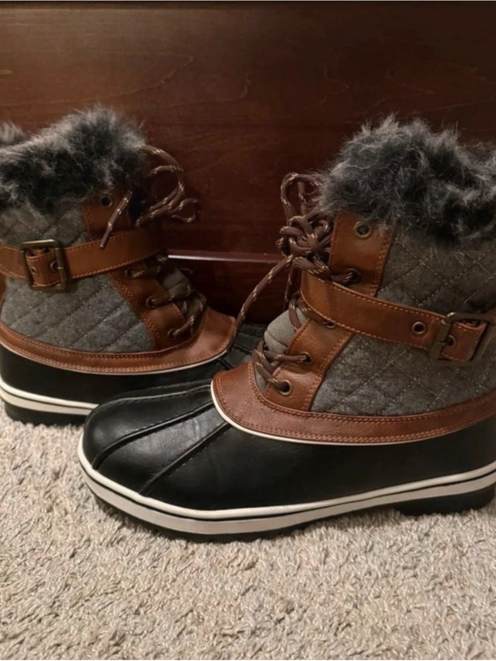 Dream Pairs Gray Quilted & Brown Trim Faux-Fur Winter Ankle Boots